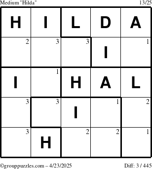 The grouppuzzles.com Medium Hilda puzzle for Wednesday April 23, 2025 with the first 3 steps marked
