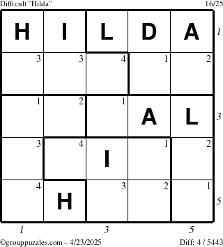 The grouppuzzles.com Difficult Hilda puzzle for Wednesday April 23, 2025, suitable for printing, with all 4 steps marked