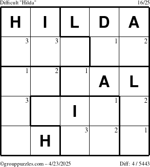 The grouppuzzles.com Difficult Hilda puzzle for Wednesday April 23, 2025 with the first 3 steps marked