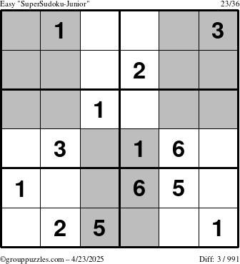 The grouppuzzles.com Easy SuperSudoku-Junior puzzle for Wednesday April 23, 2025