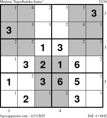 The grouppuzzles.com Medium SuperSudoku-Junior puzzle for Wednesday April 23, 2025 with all 4 steps marked
