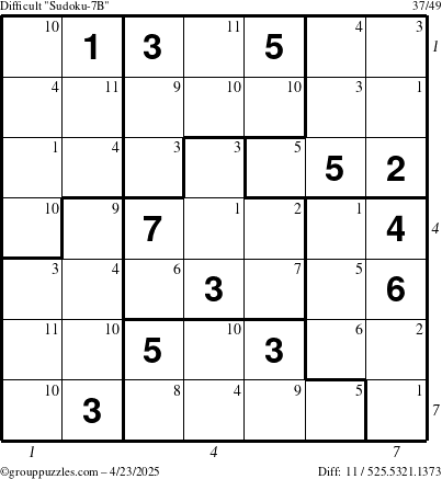 The grouppuzzles.com Difficult Sudoku-7B puzzle for Wednesday April 23, 2025 with all 11 steps marked