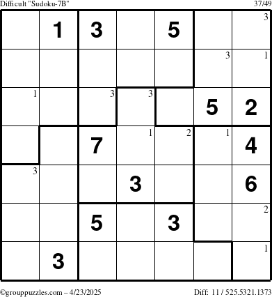 The grouppuzzles.com Difficult Sudoku-7B puzzle for Wednesday April 23, 2025 with the first 3 steps marked