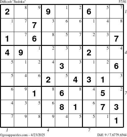 The grouppuzzles.com Difficult Sudoku puzzle for Wednesday April 23, 2025 with all 9 steps marked