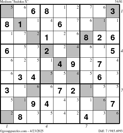 The grouppuzzles.com Medium Sudoku-X puzzle for Wednesday April 23, 2025 with all 7 steps marked
