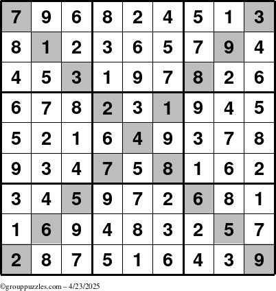 The grouppuzzles.com Answer grid for the Sudoku-X puzzle for Wednesday April 23, 2025