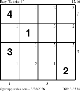 The grouppuzzles.com Easy Sudoku-4 puzzle for Saturday March 28, 2026 with all 3 steps marked