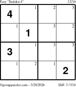 The grouppuzzles.com Easy Sudoku-4 puzzle for Saturday March 28, 2026 with the first 3 steps marked