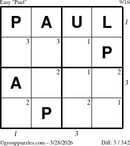 The grouppuzzles.com Easy Paul puzzle for Saturday March 28, 2026, suitable for printing, with all 3 steps marked
