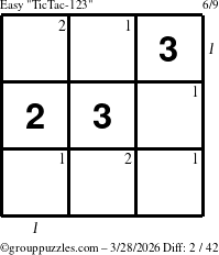 The grouppuzzles.com Easy TicTac-123 puzzle for Saturday March 28, 2026 with all 2 steps marked