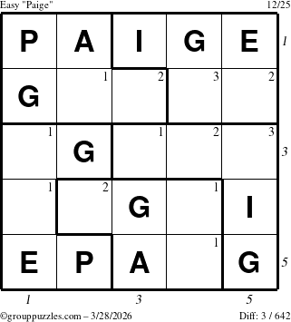 The grouppuzzles.com Easy Paige puzzle for Saturday March 28, 2026, suitable for printing, with all 3 steps marked