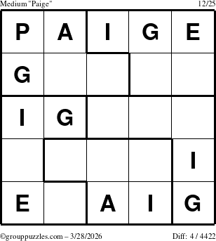 The grouppuzzles.com Medium Paige puzzle for Saturday March 28, 2026