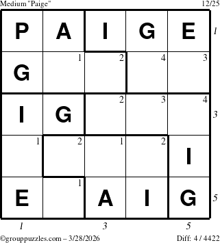 The grouppuzzles.com Medium Paige puzzle for Saturday March 28, 2026 with all 4 steps marked