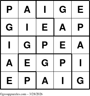 The grouppuzzles.com Answer grid for the Paige puzzle for Saturday March 28, 2026