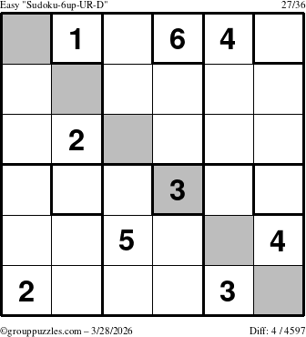 The grouppuzzles.com Easy Sudoku-6up-UR-D puzzle for Saturday March 28, 2026