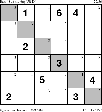 The grouppuzzles.com Easy Sudoku-6up-UR-D puzzle for Saturday March 28, 2026 with the first 3 steps marked