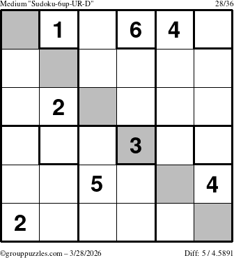 The grouppuzzles.com Medium Sudoku-6up-UR-D puzzle for Saturday March 28, 2026