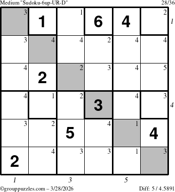 The grouppuzzles.com Medium Sudoku-6up-UR-D puzzle for Saturday March 28, 2026, suitable for printing, with all 5 steps marked