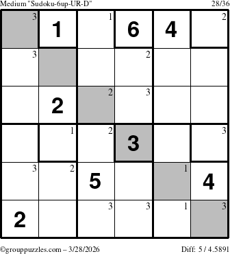The grouppuzzles.com Medium Sudoku-6up-UR-D puzzle for Saturday March 28, 2026 with the first 3 steps marked