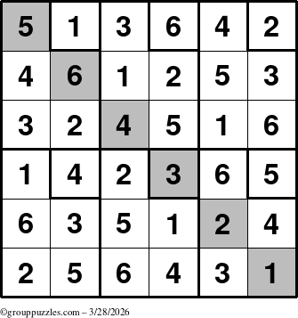 The grouppuzzles.com Answer grid for the Sudoku-6up-UR-D puzzle for Saturday March 28, 2026