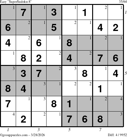 The grouppuzzles.com Easy SuperSudoku-8 puzzle for Saturday March 28, 2026, suitable for printing, with all 4 steps marked