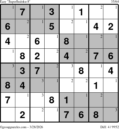 The grouppuzzles.com Easy SuperSudoku-8 puzzle for Saturday March 28, 2026 with the first 3 steps marked
