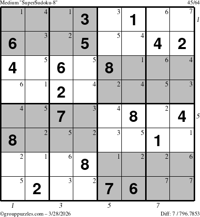 The grouppuzzles.com Medium SuperSudoku-8 puzzle for Saturday March 28, 2026 with all 7 steps marked