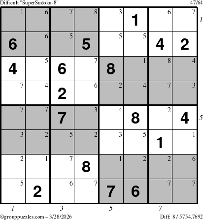 The grouppuzzles.com Difficult SuperSudoku-8 puzzle for Saturday March 28, 2026 with all 8 steps marked