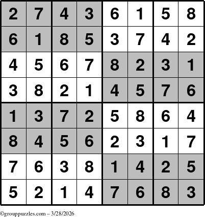 The grouppuzzles.com Answer grid for the SuperSudoku-8 puzzle for Saturday March 28, 2026