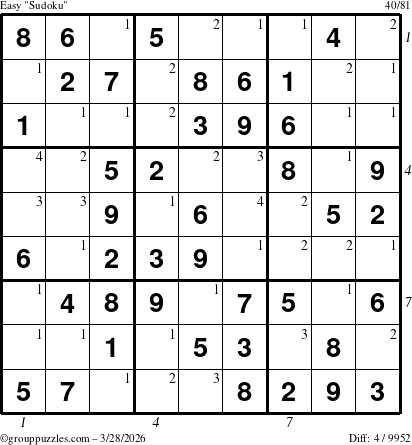 The grouppuzzles.com Easy Sudoku puzzle for Saturday March 28, 2026, suitable for printing, with all 4 steps marked