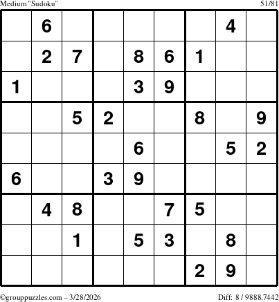 The grouppuzzles.com Medium Sudoku puzzle for Saturday March 28, 2026