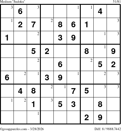 The grouppuzzles.com Medium Sudoku puzzle for Saturday March 28, 2026 with the first 3 steps marked