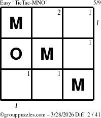 The grouppuzzles.com Easy TicTac-MNO puzzle for Saturday March 28, 2026 with all 2 steps marked