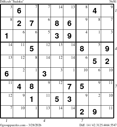 The grouppuzzles.com Difficult Sudoku puzzle for Saturday March 28, 2026, suitable for printing, with all 14 steps marked