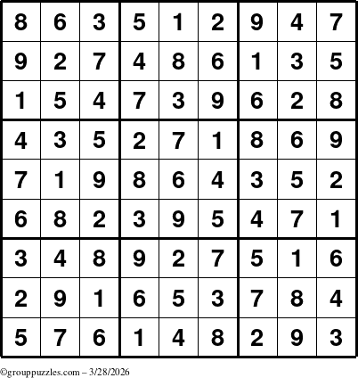 The grouppuzzles.com Answer grid for the Sudoku puzzle for Saturday March 28, 2026