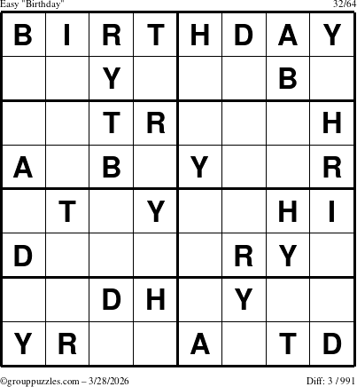 The grouppuzzles.com Easy Birthday puzzle for Saturday March 28, 2026