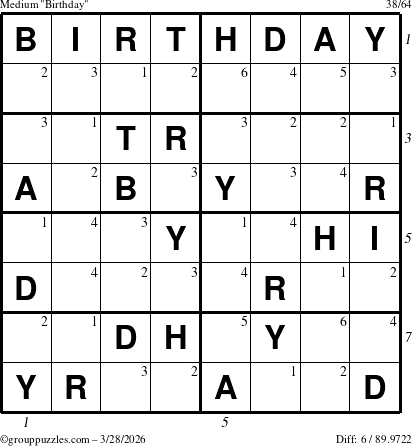 The grouppuzzles.com Medium Birthday puzzle for Saturday March 28, 2026, suitable for printing, with all 6 steps marked