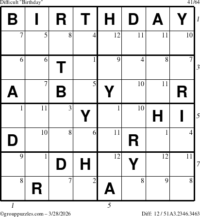 The grouppuzzles.com Difficult Birthday puzzle for Saturday March 28, 2026, suitable for printing, with all 12 steps marked