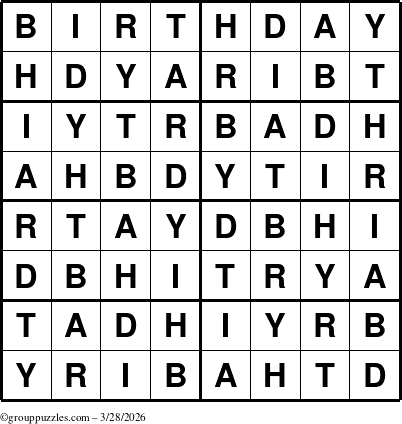 The grouppuzzles.com Answer grid for the Birthday puzzle for Saturday March 28, 2026