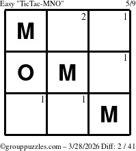 The grouppuzzles.com Easy TicTac-MNO puzzle for Saturday March 28, 2026 with the first 2 steps marked
