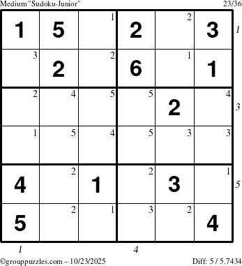 The grouppuzzles.com Medium Sudoku-Junior puzzle for Thursday October 23, 2025 with all 5 steps marked