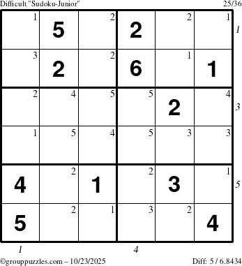 The grouppuzzles.com Difficult Sudoku-Junior puzzle for Thursday October 23, 2025 with all 5 steps marked