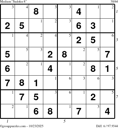 The grouppuzzles.com Medium Sudoku-8 puzzle for Thursday October 23, 2025 with all 6 steps marked
