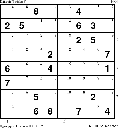 The grouppuzzles.com Difficult Sudoku-8 puzzle for Thursday October 23, 2025 with all 10 steps marked