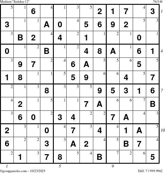 The grouppuzzles.com Medium Sudoku-12 puzzle for Thursday October 23, 2025 with all 7 steps marked