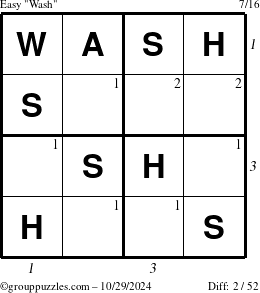 The grouppuzzles.com Easy Wash puzzle for Tuesday October 29, 2024 with all 2 steps marked