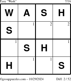 The grouppuzzles.com Easy Wash puzzle for Tuesday October 29, 2024 with the first 2 steps marked