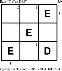 The grouppuzzles.com Easy TicTac-DEF puzzle for Tuesday October 29, 2024 with all 2 steps marked