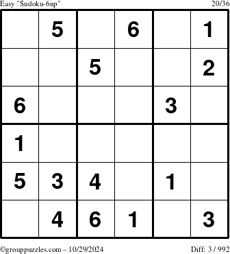 The grouppuzzles.com Easy Sudoku-6up puzzle for Tuesday October 29, 2024