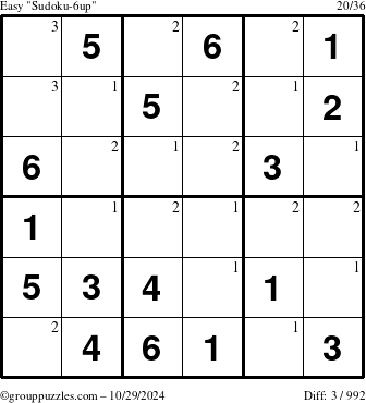 The grouppuzzles.com Easy Sudoku-6up puzzle for Tuesday October 29, 2024 with the first 3 steps marked